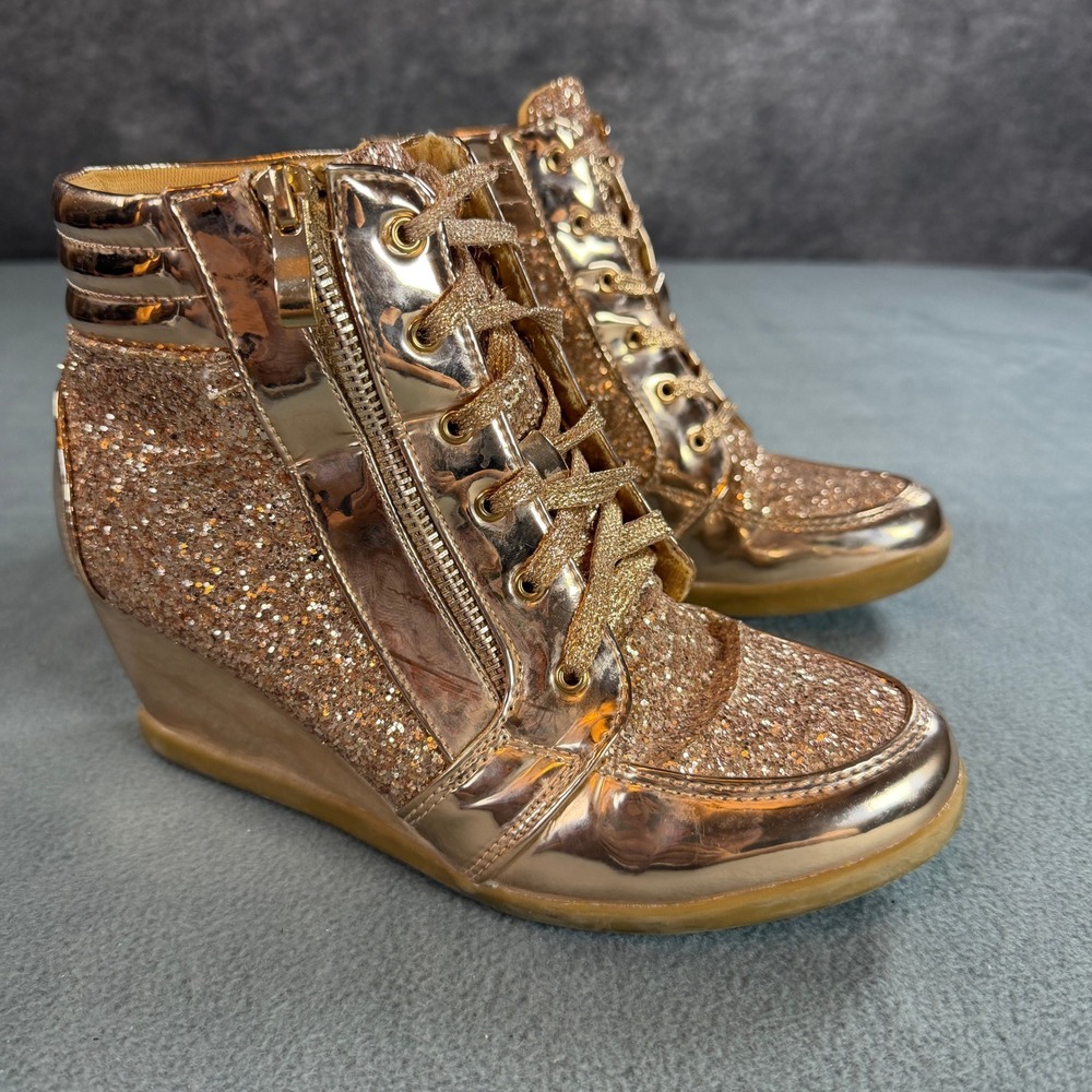 Forever Rose Gold Metallic Glitter Wedge Sneakers High Top Zip Up Shoes 7.5